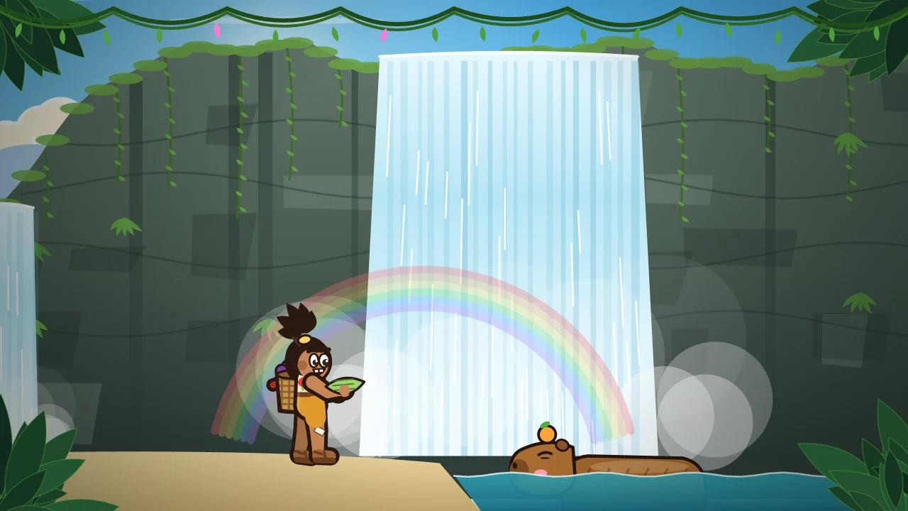 Tavo reads a leaf letter at Thunderveil Falls while Dumpling the capybara waits in the water