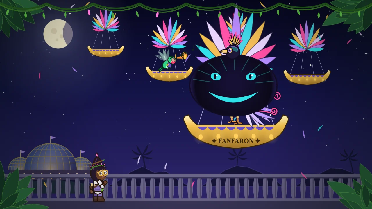 Baron Fanfaron’s night parade of feather balloons over the palace terrace