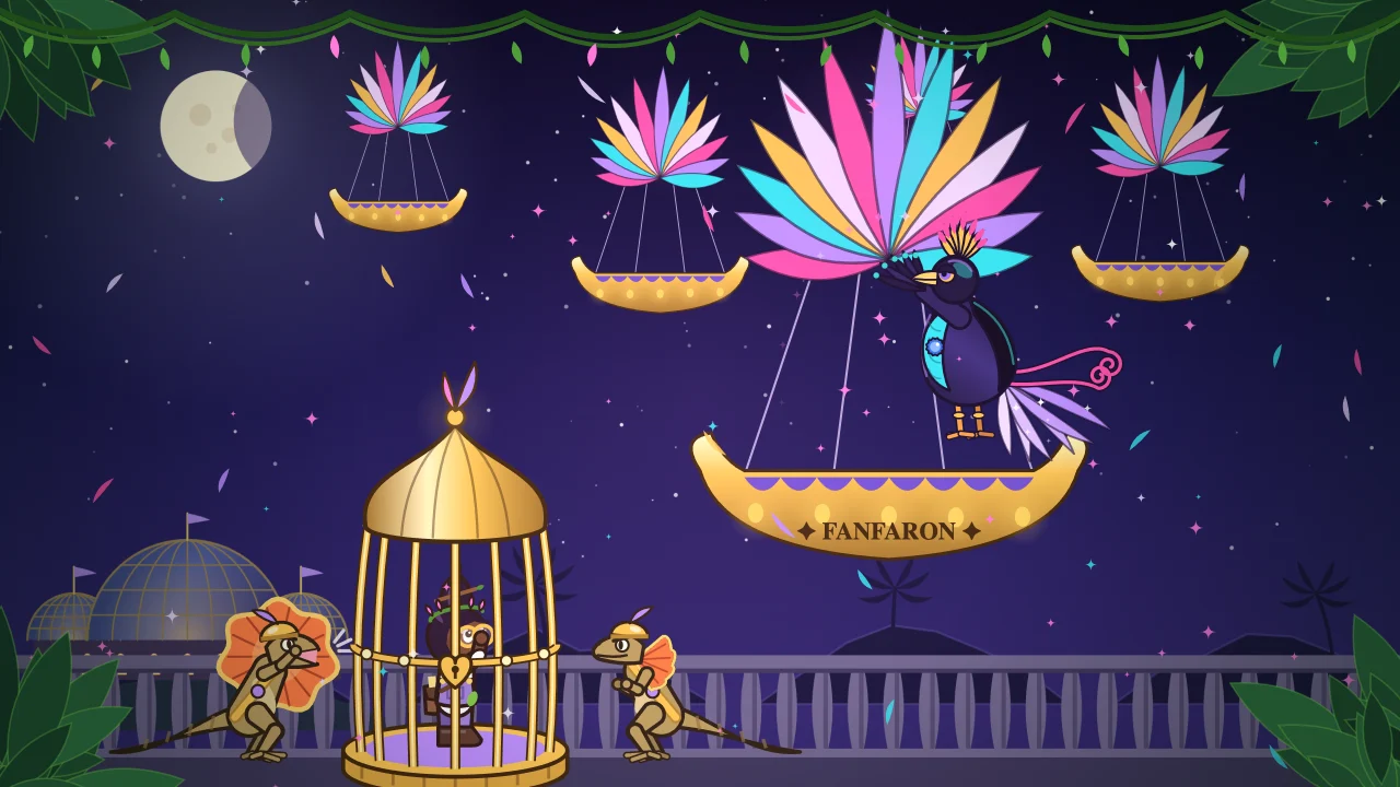 Princess Orla in a golden cage between two frilled lizards at Baron Fanfaron’s night parade